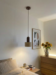Lámpara Colgante Minimalista WabiLum de Travertino y Madera - Iluminación para Dormitorio y Comedor