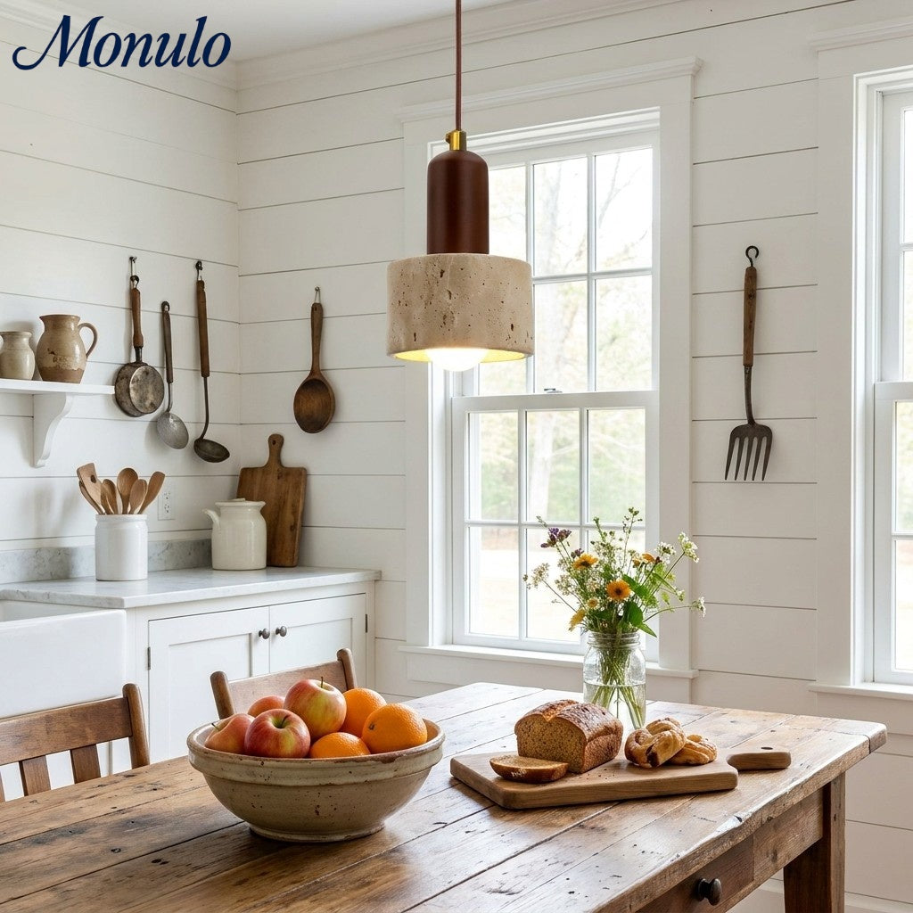 WabiLum Minimalist Travertine Wood Pendant Light - Bedroom Dining Lighting