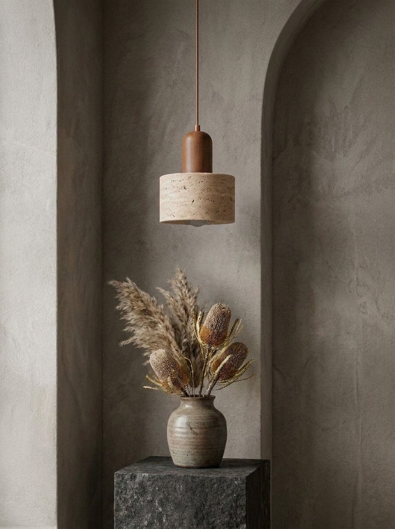 Travertine Japanese Wabi-sabi Style Bedside Pendant Lamp for Bedroom