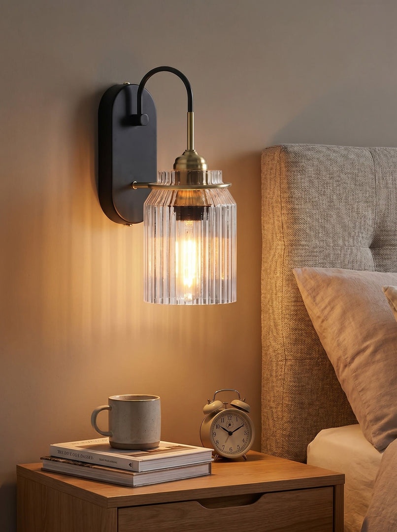 Modern Ribbed Brass and Glass Wall Sconce - Vanity Light for Bathroom Mirrors