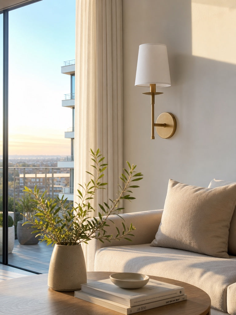 Rowan Classic Linen Wall Sconce - Brass Light With Fabric Drum Shade