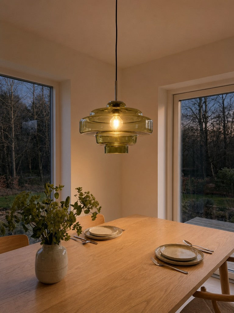 Lámpara colgante Koloro con pantalla de vidrio coloreado: moderna lámpara de suspensión ajustable para interiores.