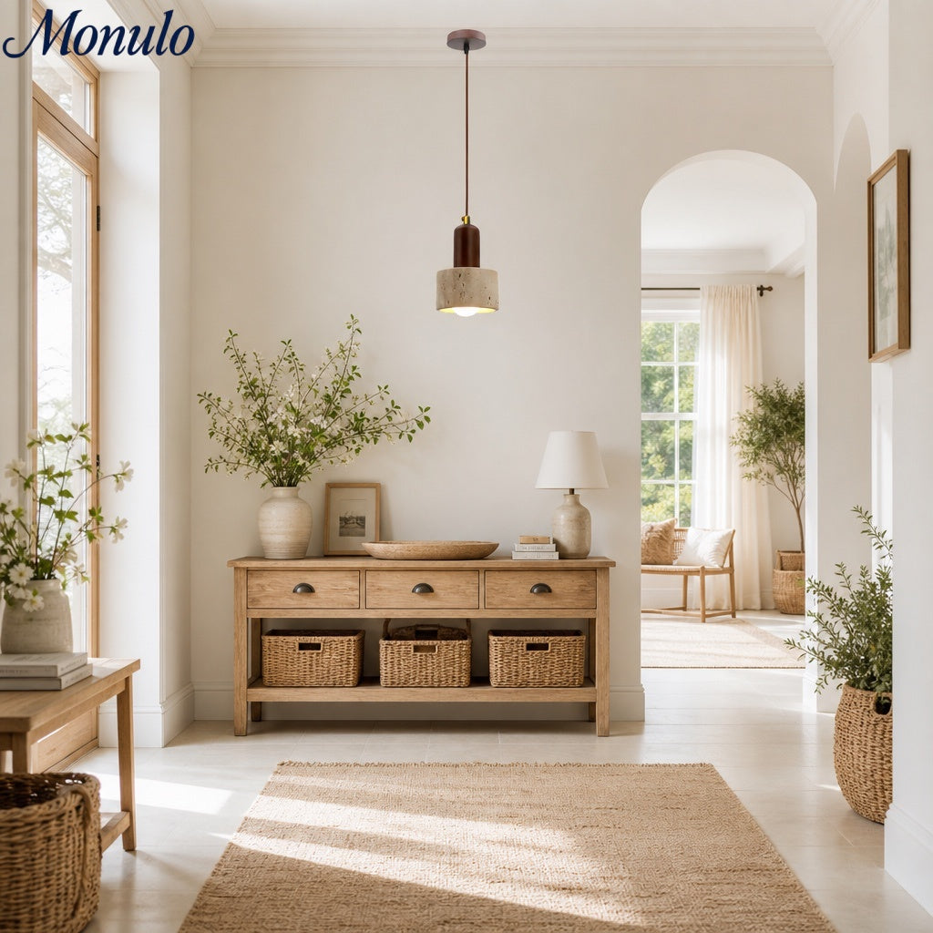 WabiLum Minimalist Travertine Wood Pendant Light - Bedroom Dining Lighting