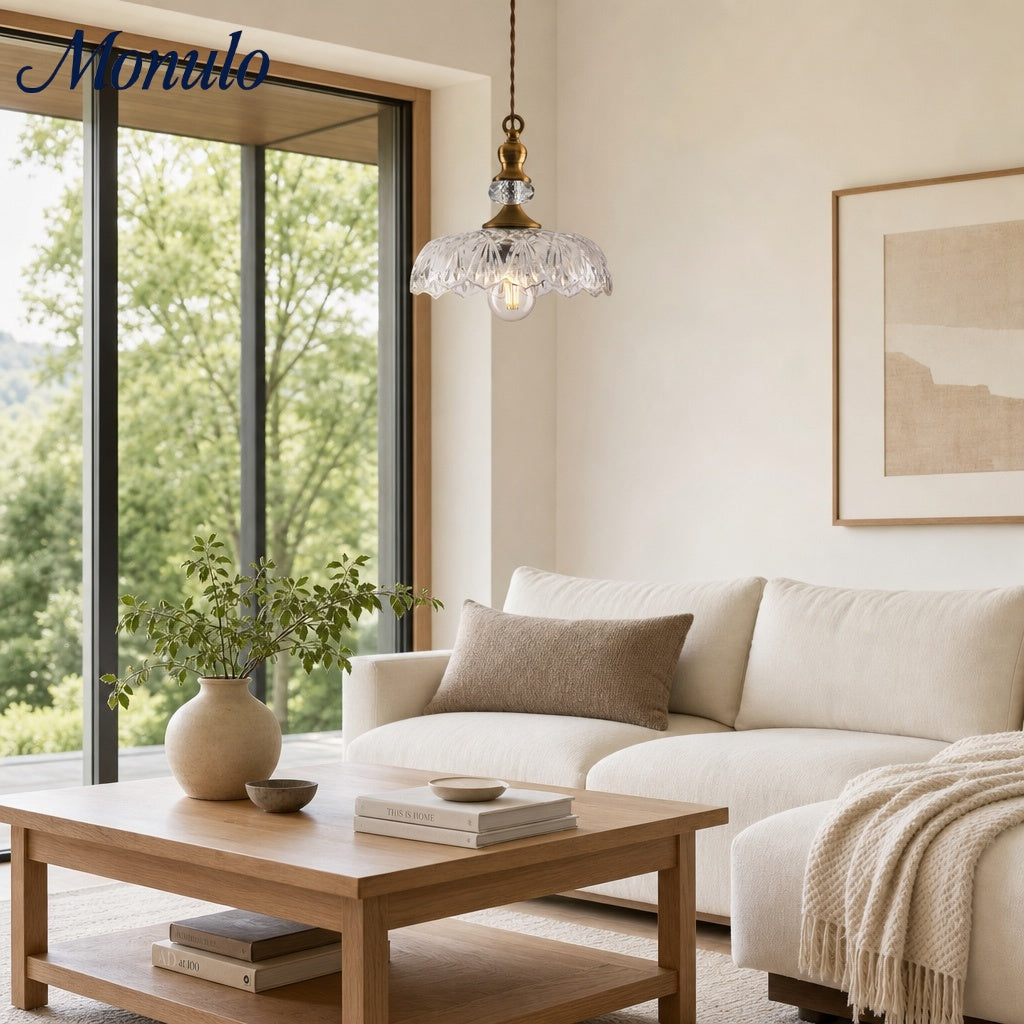 Suspension Verdoma en laiton vintage avec verre transparent - Lampe suspendue fleur pour salle à manger et espaces de vie