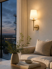 Rowan Classic Linen Wall Sconce - Brass Light With Fabric Drum Shade