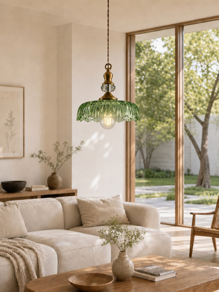 Suspension Verdoma en laiton vintage avec verre transparent - Lampe suspendue fleur pour salle à manger et espaces de vie