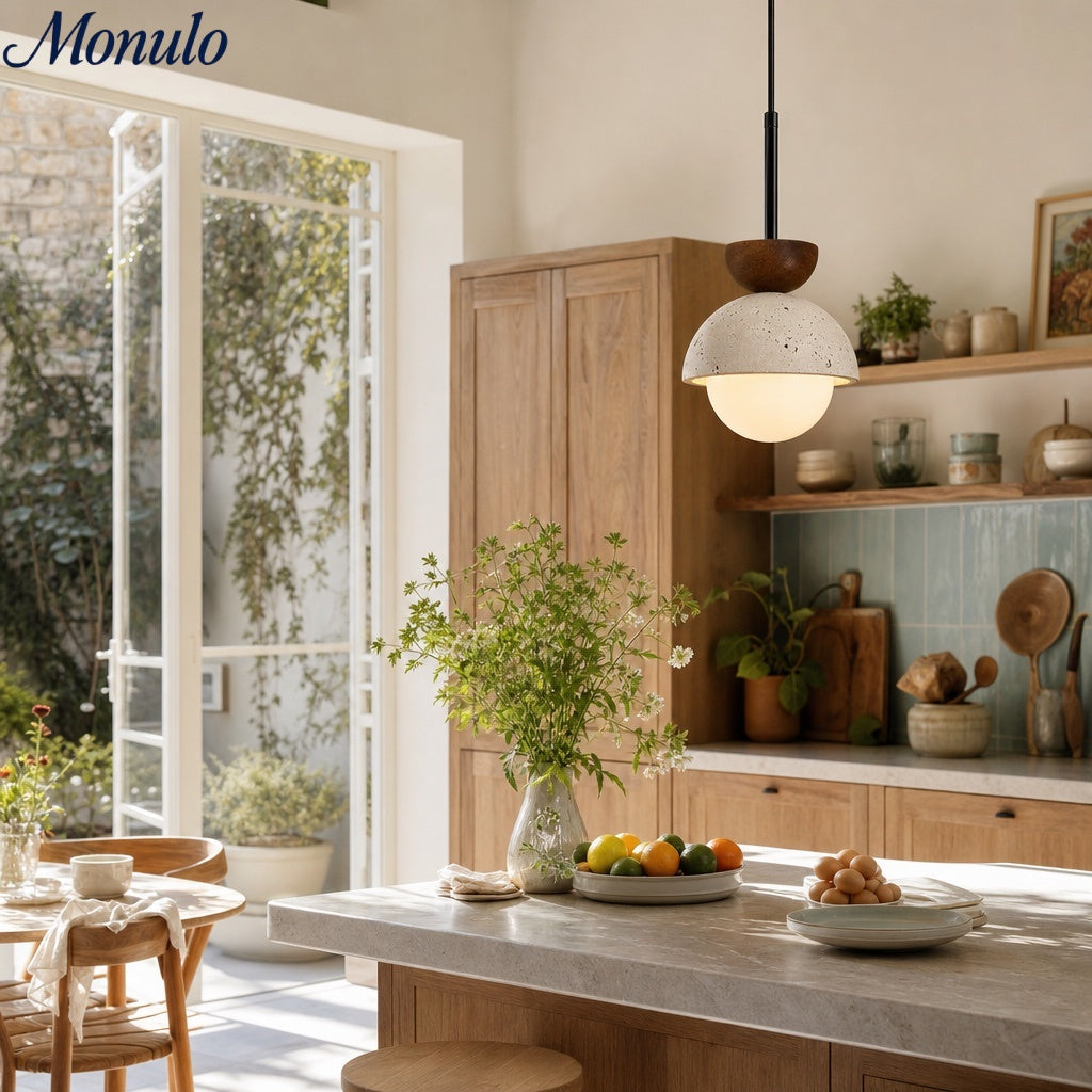 Modern Minimalist Hemisphere Travertine Wood Pendant Lamp