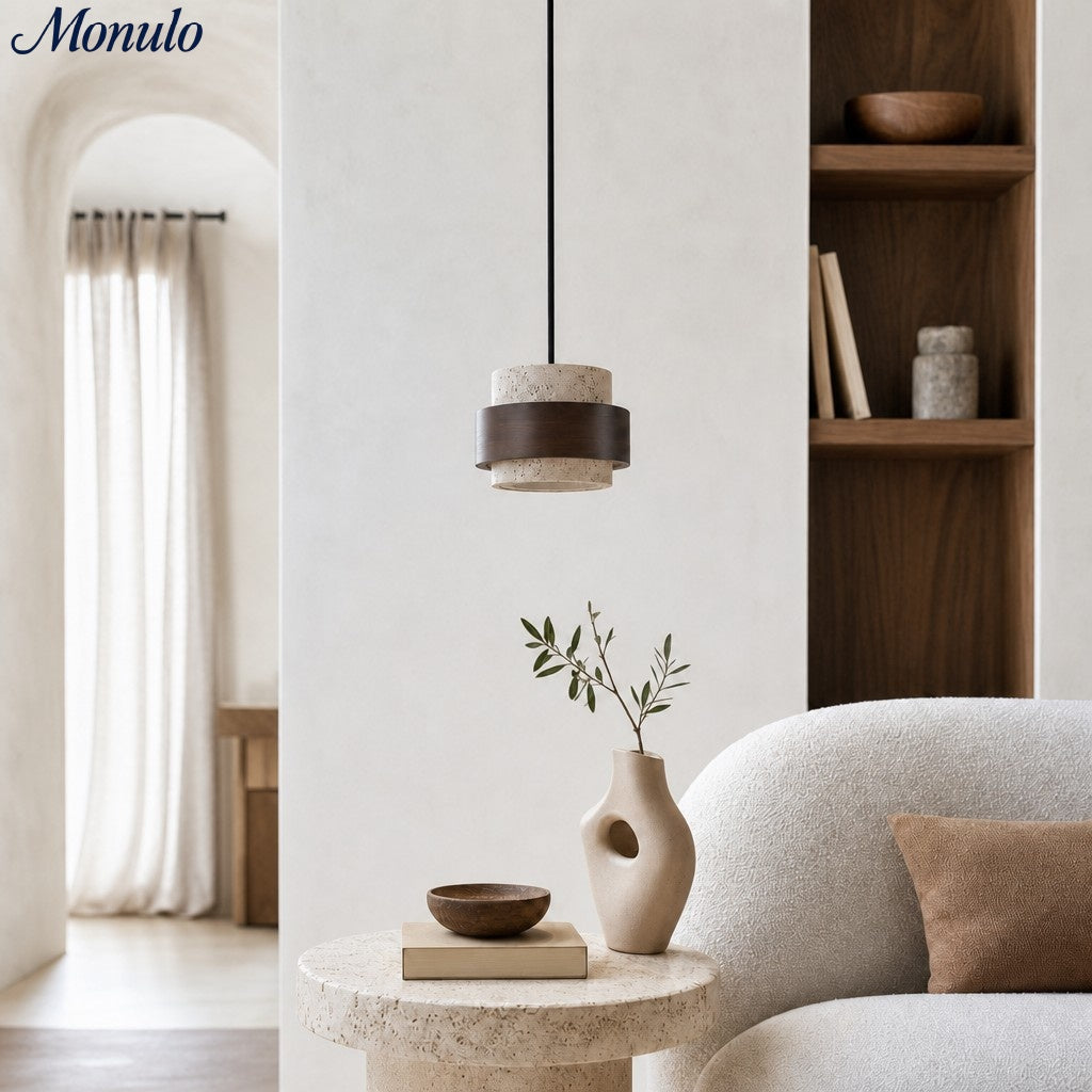 Lámpara colgante cilíndrica contemporánea de travertino Stonel con marco de madera U14
