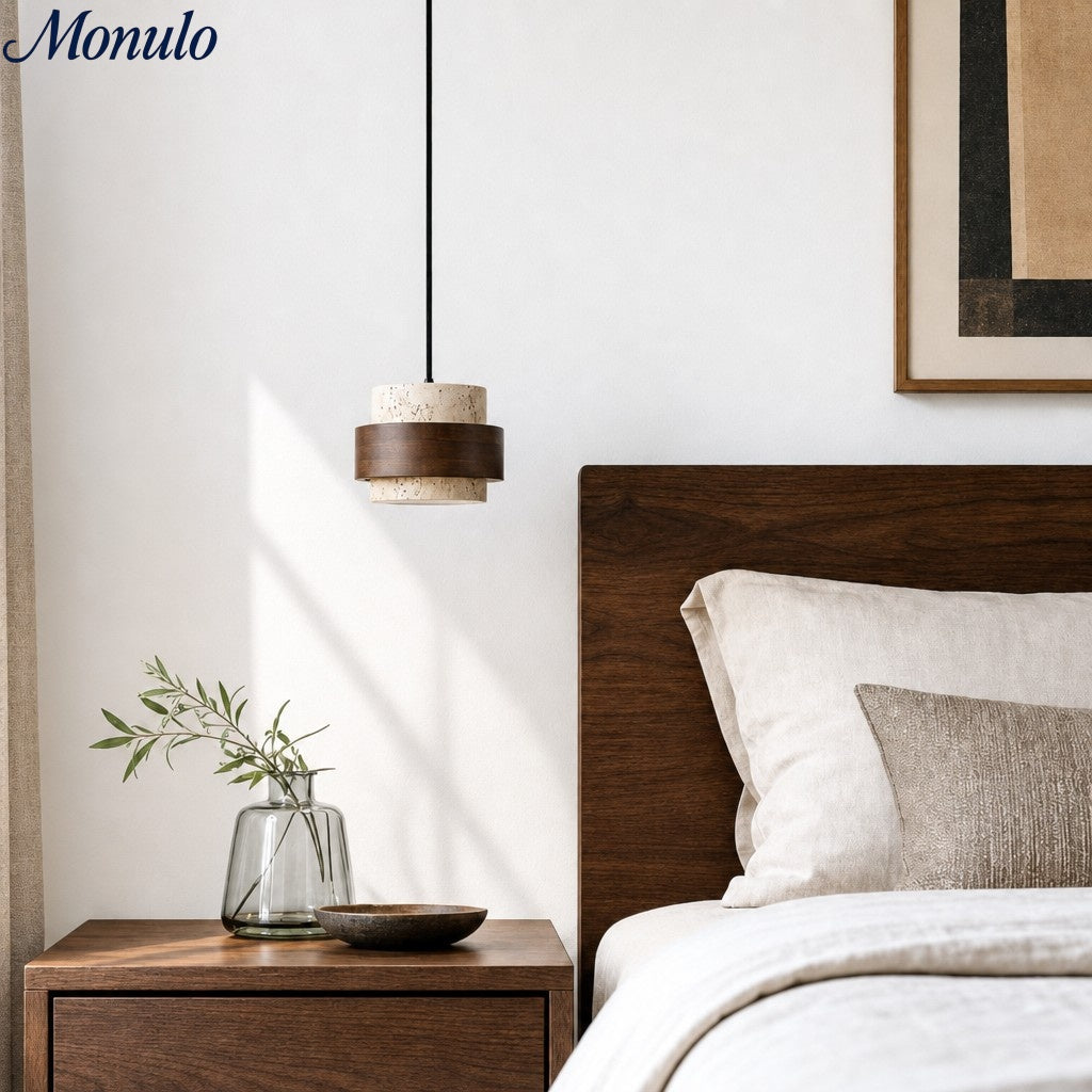 Lámpara colgante cilíndrica contemporánea de travertino Stonel con marco de madera U14