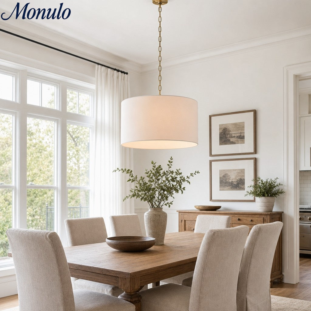 Lámpara colgante de lino Dumora con forma de tambor: moderna pantalla blanca para comedor