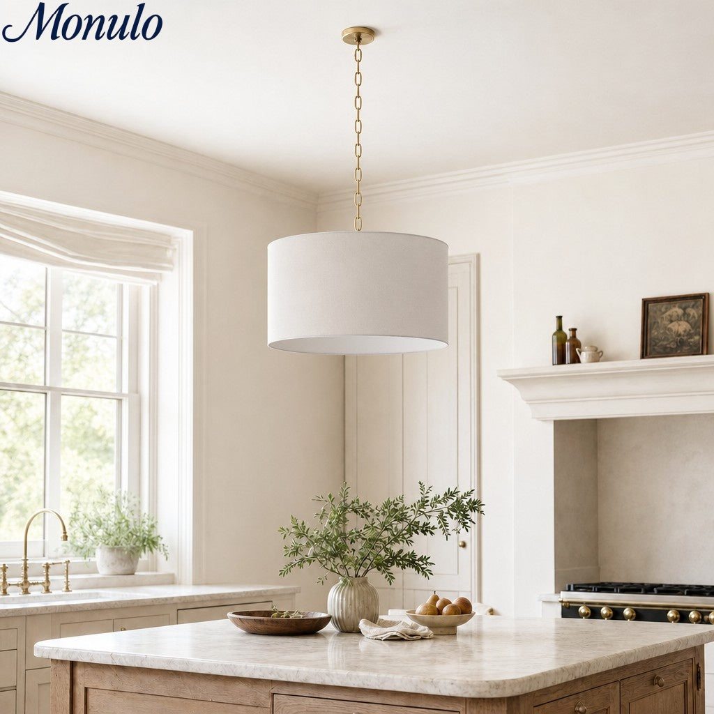 Lámpara colgante de lino Dumora con forma de tambor: moderna pantalla blanca para comedor