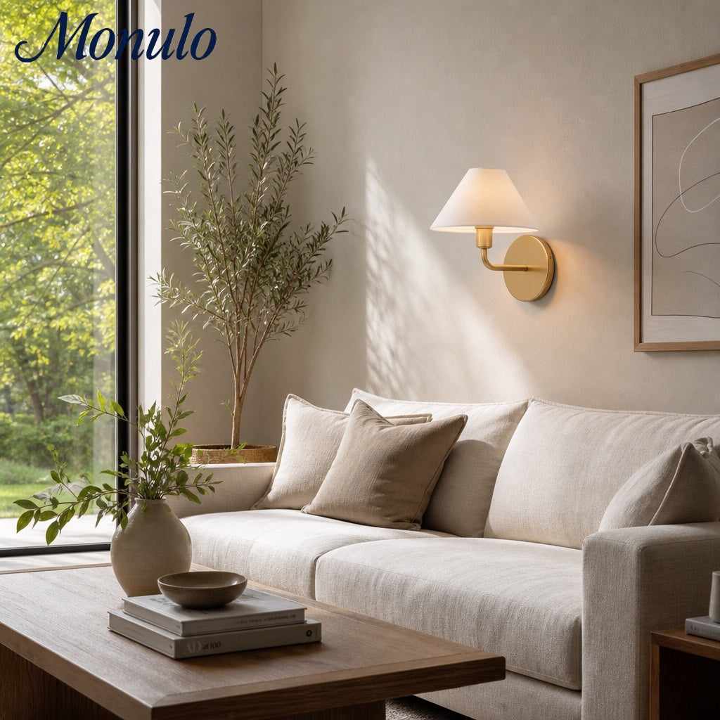 Gilda Fabric Drum Shade Wall Sconce - Modern Brass Accent Light for Bedroom and Hallway