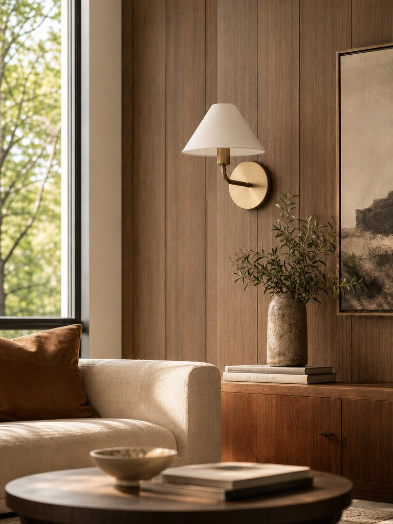 Gilda Fabric Drum Shade Wall Sconce - Modern Brass Accent Light for Bedroom and Hallway