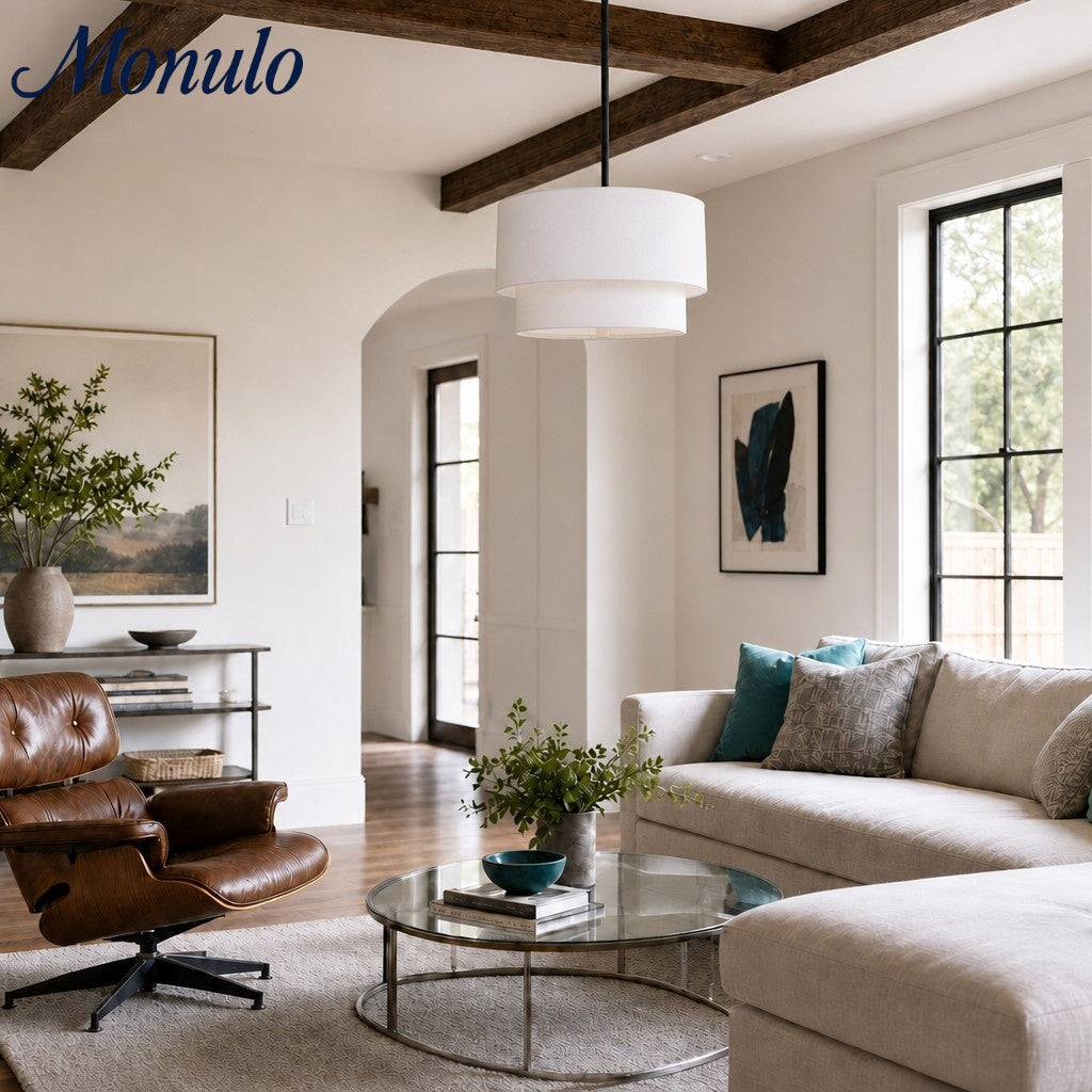 Dumora Double Fabric Drum Pendant Light - Modern Layered Shade Ceiling Lamp Perfect for Dining Room or Living Room
