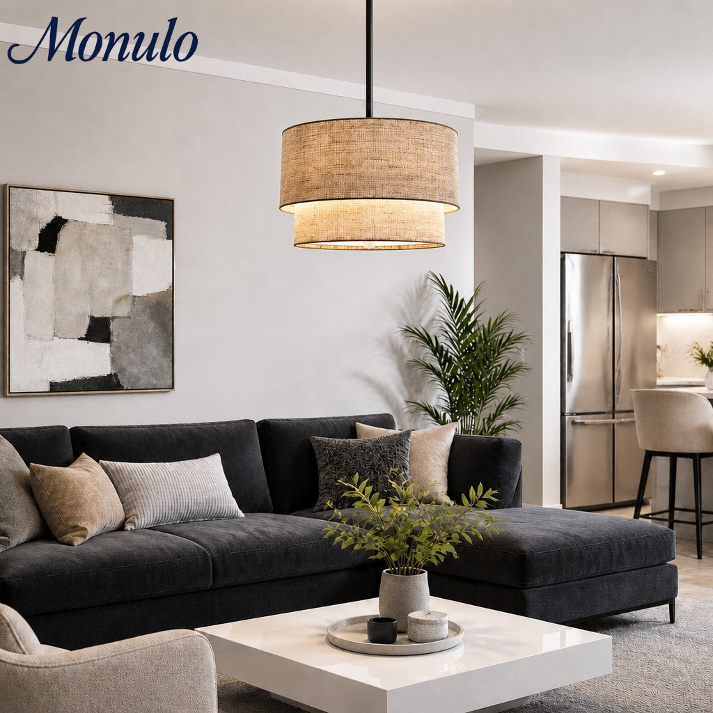 Dumora Double Fabric Drum Pendant Light - Modern Layered Shade Ceiling Lamp Perfect for Dining Room or Living Room