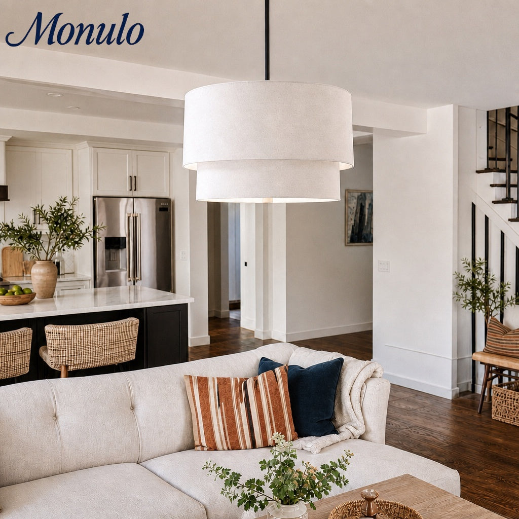 Dumora Double Fabric Drum Pendant Light - Modern Layered Shade Ceiling Lamp Perfect for Dining Room or Living Room