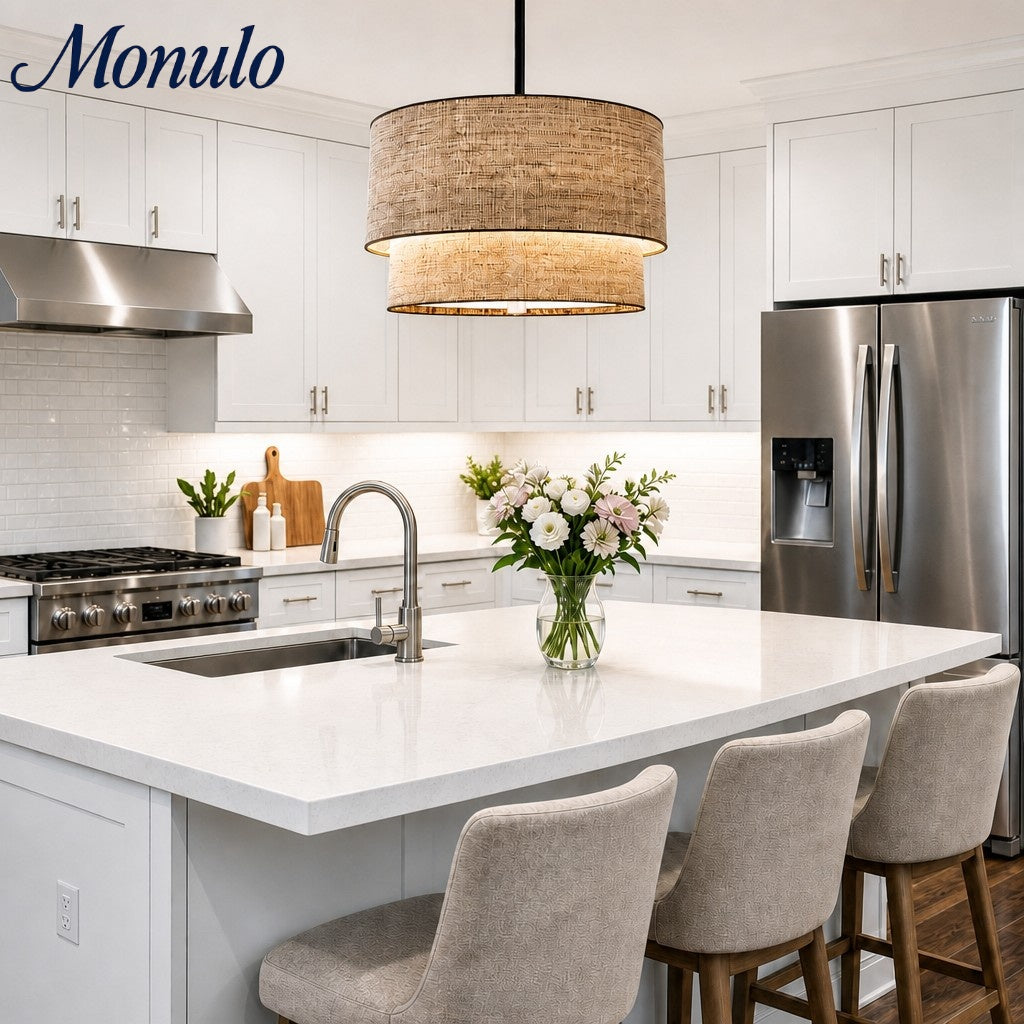 Dumora Double Fabric Drum Pendant Light - Modern Layered Shade Ceiling Lamp Perfect for Dining Room or Living Room