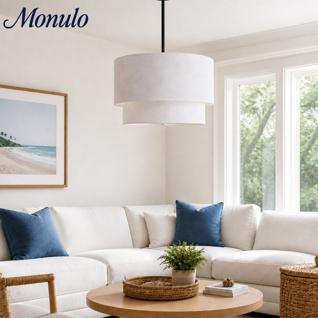 Dumora Double Fabric Drum Pendant Light - Modern Layered Shade Ceiling Lamp Perfect for Dining Room or Living Room