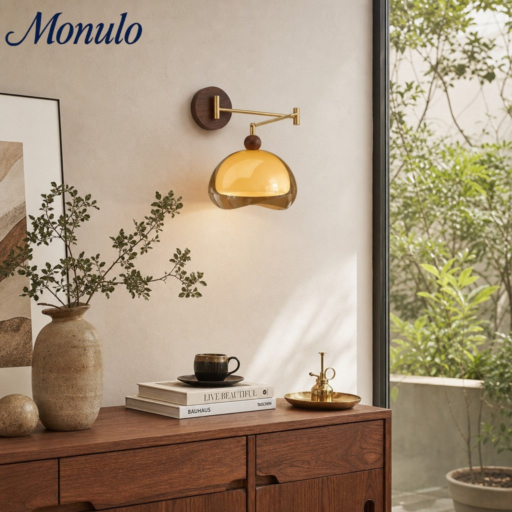 Sunset Glow Modern Wall Sconce with Acrylic Shade and Wood-Texture Base for Bedroom Hallway Living Room