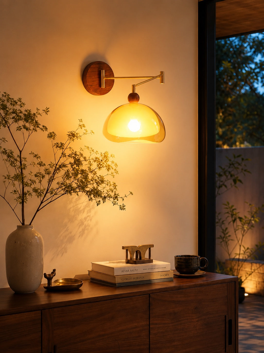 Sunset Glow Modern Wall Sconce with Acrylic Shade and Wood-Texture Base for Bedroom Hallway Living Room