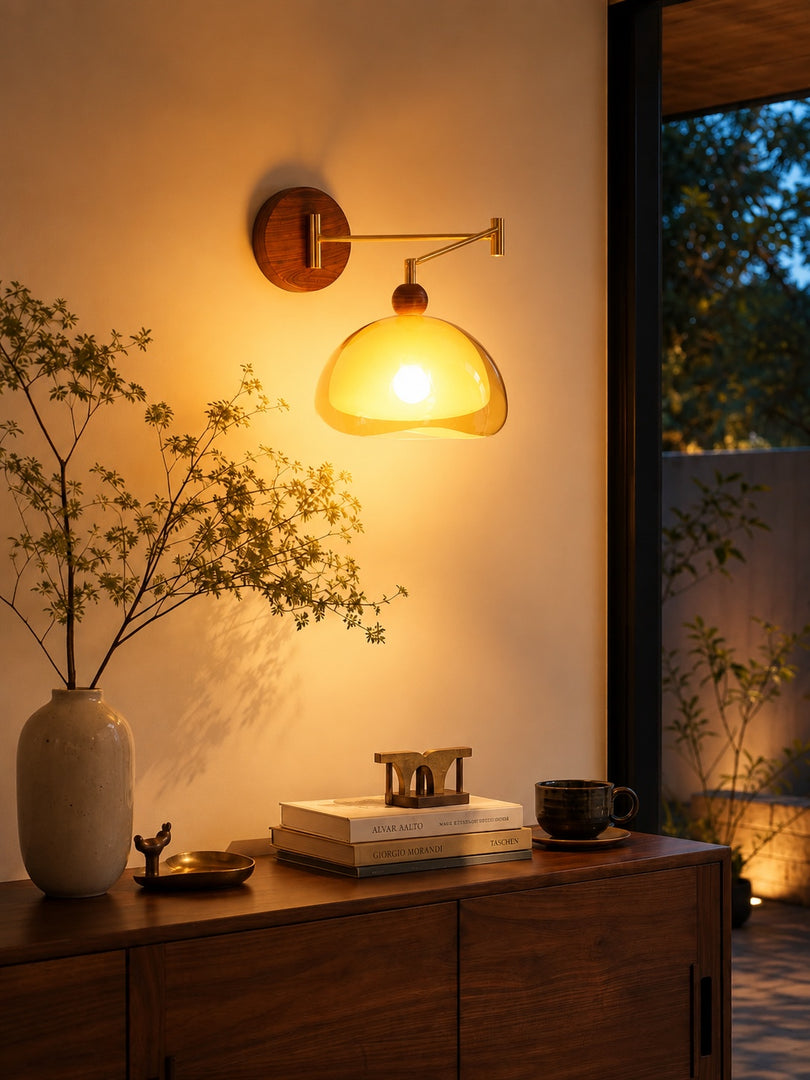 Sunset Glow Modern Wall Sconce with Acrylic Shade and Wood-Texture Base for Bedroom Hallway Living Room