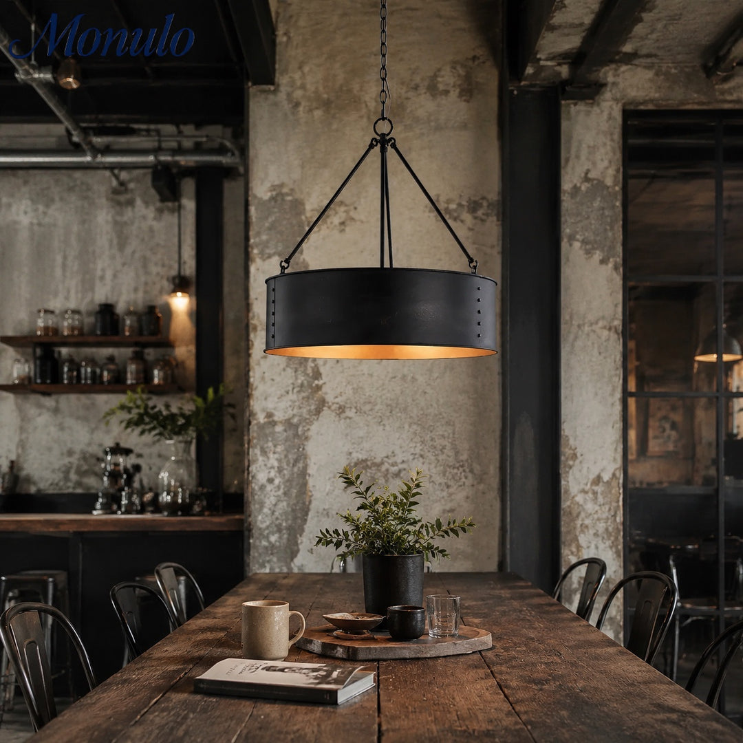 Lámpara colgante Velara redonda de tambor negro: estilo industrial vintage para comedor o sala de estar. 