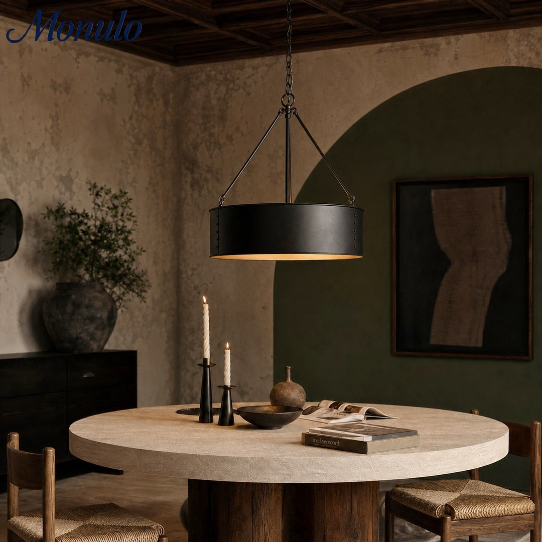Lámpara colgante Velara redonda de tambor negro: estilo industrial vintage para comedor o sala de estar. 