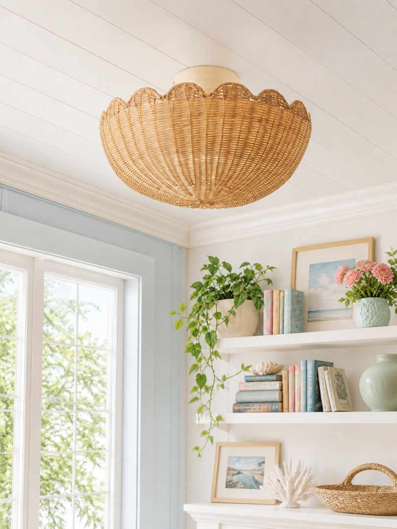 Olvara gewellte Rattan-Blasen-Deckenleuchte – Boho Anders Stil Deckenlampe für Schlafzimmer