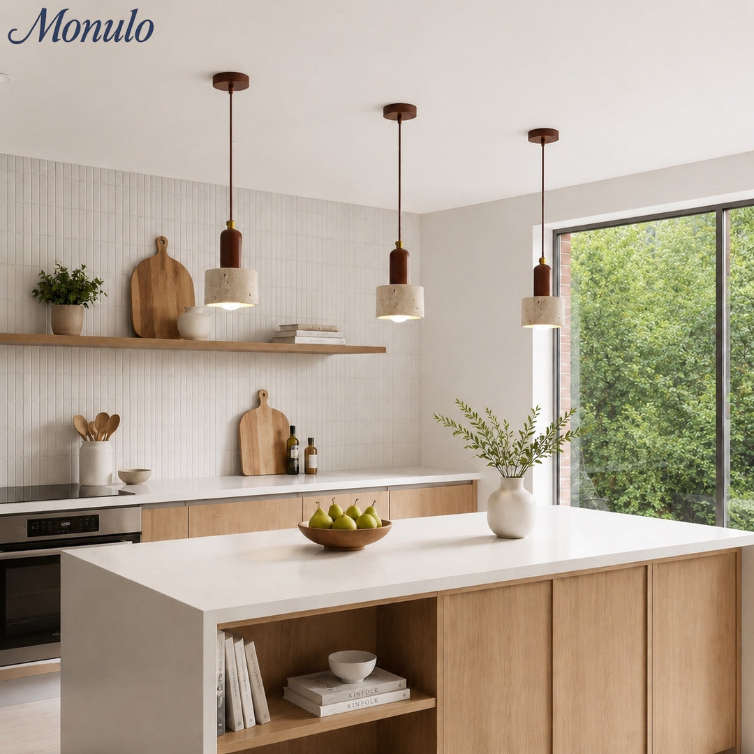 WabiLum Minimalistische Pendelleuchte aus Travertin und Holz – Schlafzimmer- und Esszimmerbeleuchtung