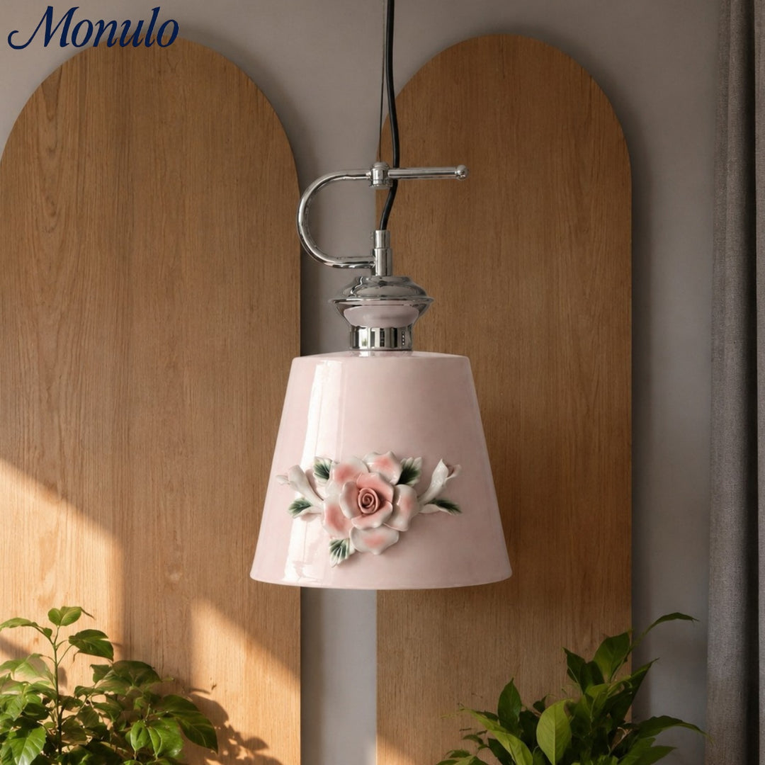 Eloria Blütenanhänger-Lampe – Keramische Vintage-Hängeleuchte mit Blumenmuster aus Messing für Innenräume