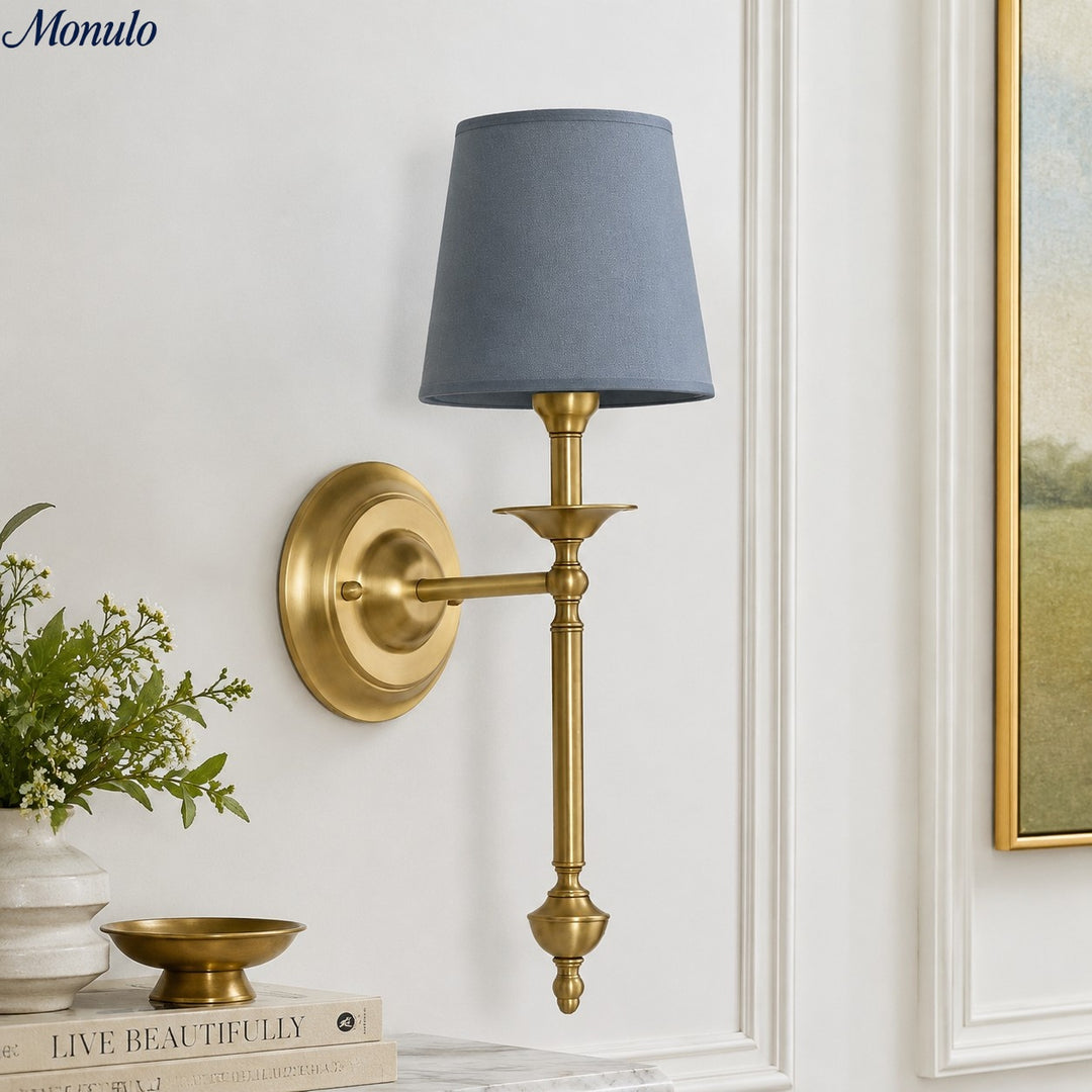 Aplique de pared con pantalla de tela Rowan en cobre antiguo: lámpara vintage de lujo para interiores 