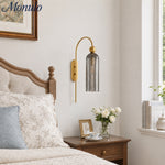 Charger l'image dans la visionneuse de galerie, Cylinder Ribbed Glass Wall Sconce – Metal Modern Vintage Light for Bedroom and Hallway