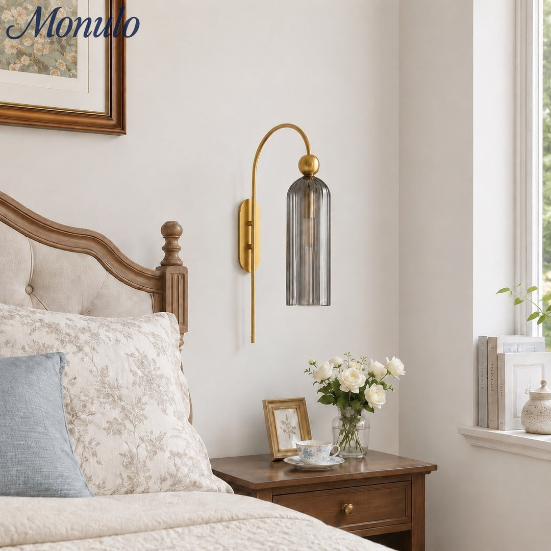 Cylinder Ribbed Glass Wall Sconce – Metal Modern Vintage Light for Bedroom and Hallway