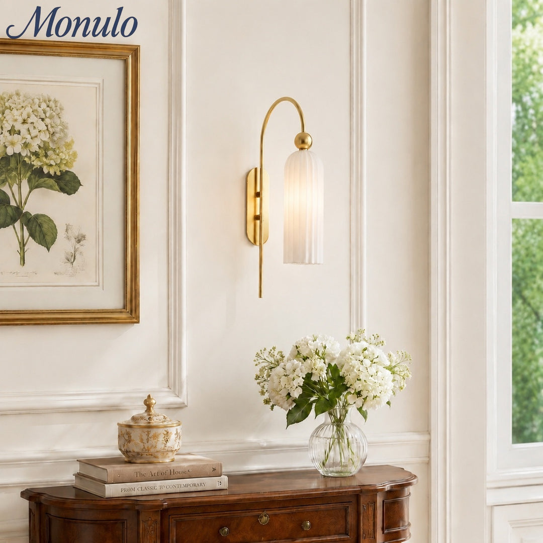 Cylinder Ribbed Glass Wall Sconce – Metal Modern Vintage Light for Bedroom and Hallway