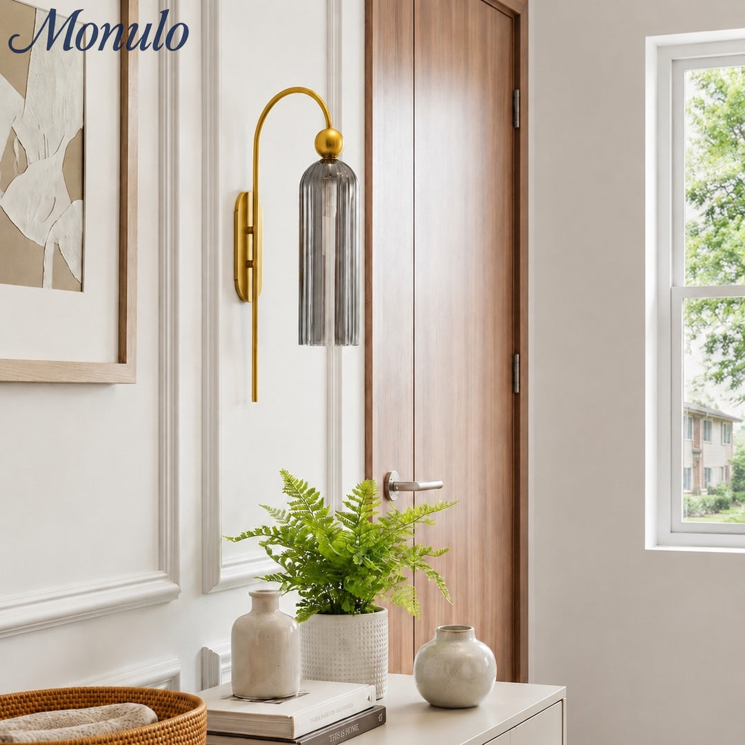 Cylinder Ribbed Glass Wall Sconce – Metal Modern Vintage Light for Bedroom and Hallway