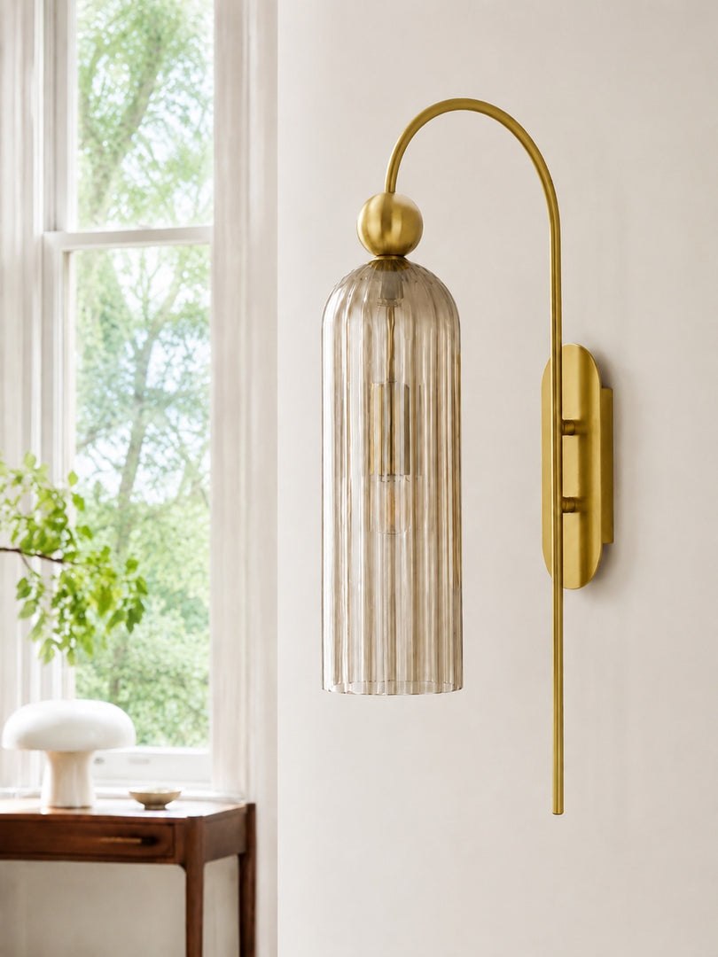 Cylinder Ribbed Glass Wall Sconce – Metal Modern Vintage Light for Bedroom and Hallway