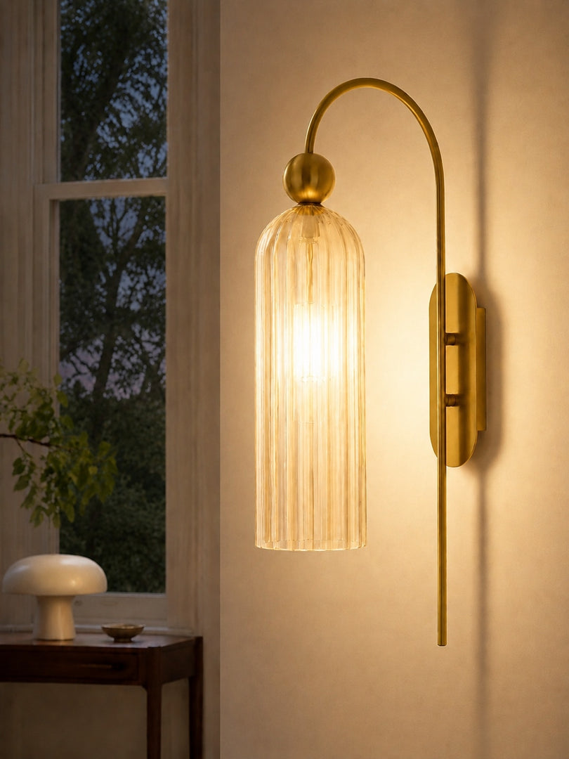 Cylinder Ribbed Glass Wall Sconce – Metal Modern Vintage Light for Bedroom and Hallway