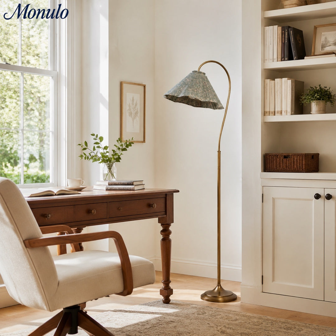 Lámpara de pie con cuello de ganso floral Solmire - Pantalla metálica de tela plisada para sala y dormitorio  