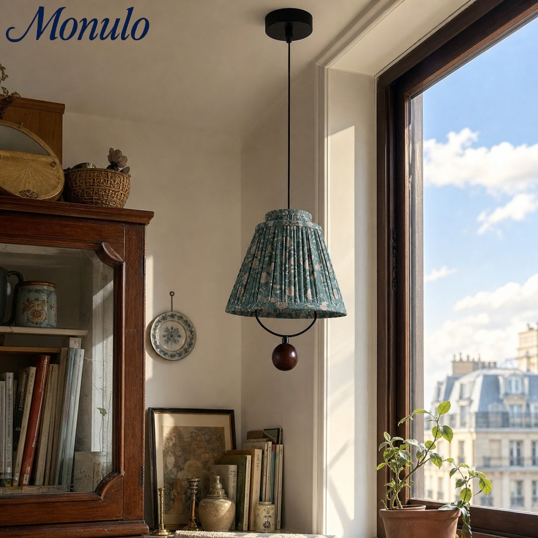 Lámpara colgante de tela Solmire - Pantalla floral plisada con acentos de madera y hierro para comedor e isla de cocina  