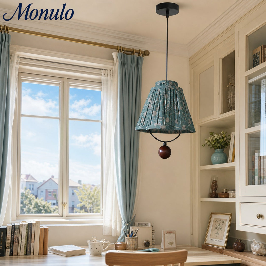Lámpara colgante de tela Solmire - Pantalla floral plisada con acentos de madera y hierro para comedor e isla de cocina  