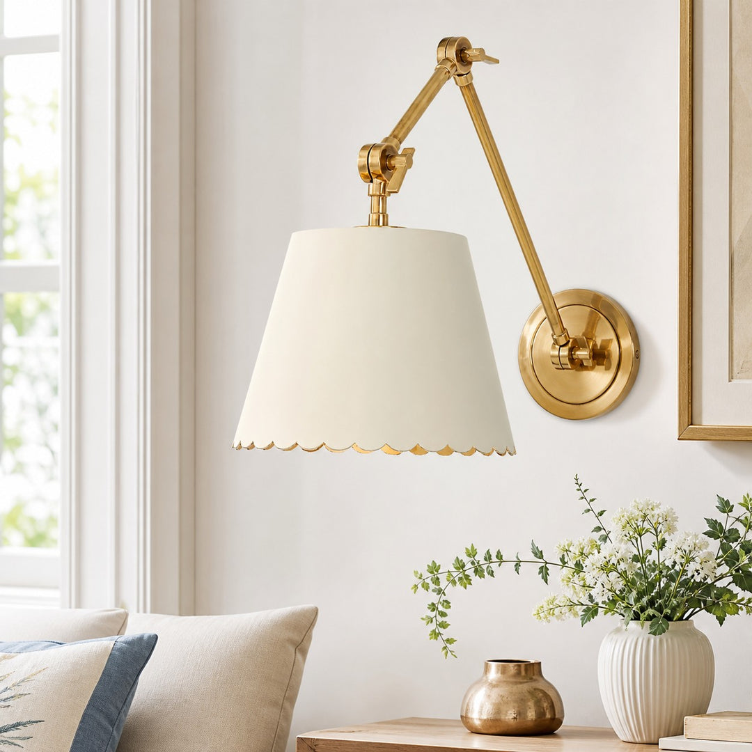 Aplique de pared Foldray con pantalla cilíndrica festoneada: Lámpara de pared rústica moderna para dormitorio