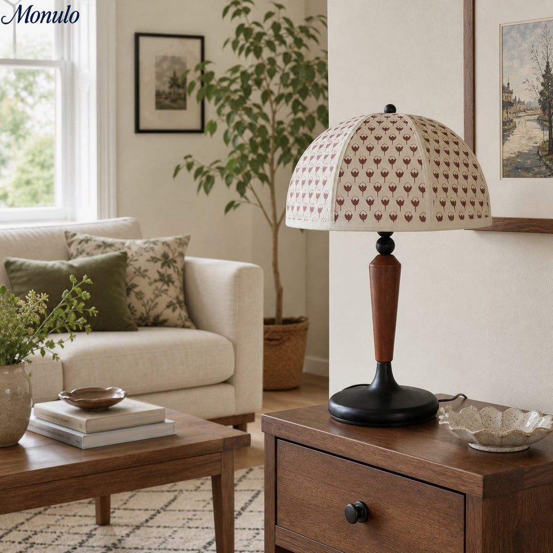 Solmire Table Lamp - French Vintage Fabric Dome Shade with Wood and Metal Base for Bedroom and Living Room
