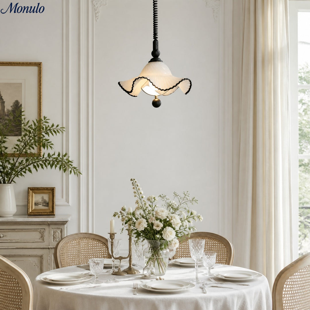 Javina Glass Pendant Light - French Vintage Ruffled Wave Shade for Bedroom and Dining Room
