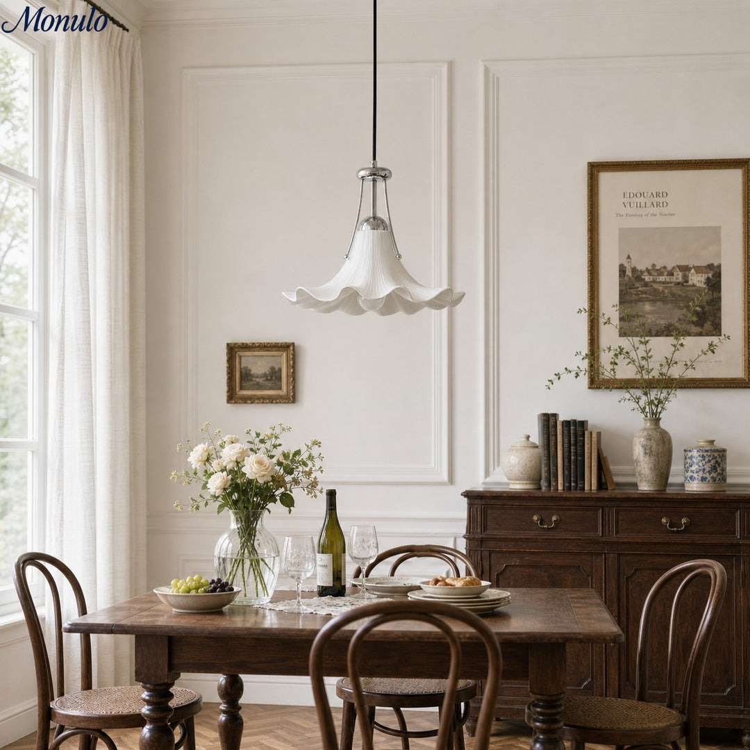 Eloria Floral Pendant Light - Ceramic Flower Shade with Chrome Metal Detail for Dining Room