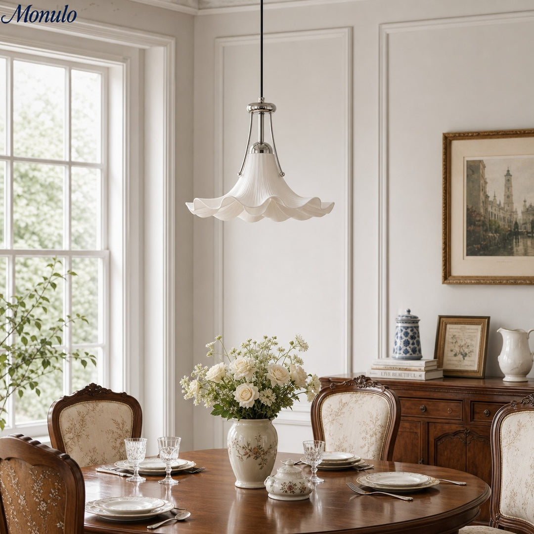 Eloria Floral Pendant Light - Ceramic Flower Shade with Chrome Metal Detail for Dining Room
