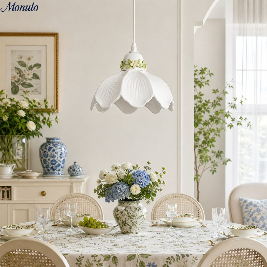 Eloria Flower Pendant Light - Metal and Ceramic Petal French Vintage Lamp for Bedroom and Dining Room