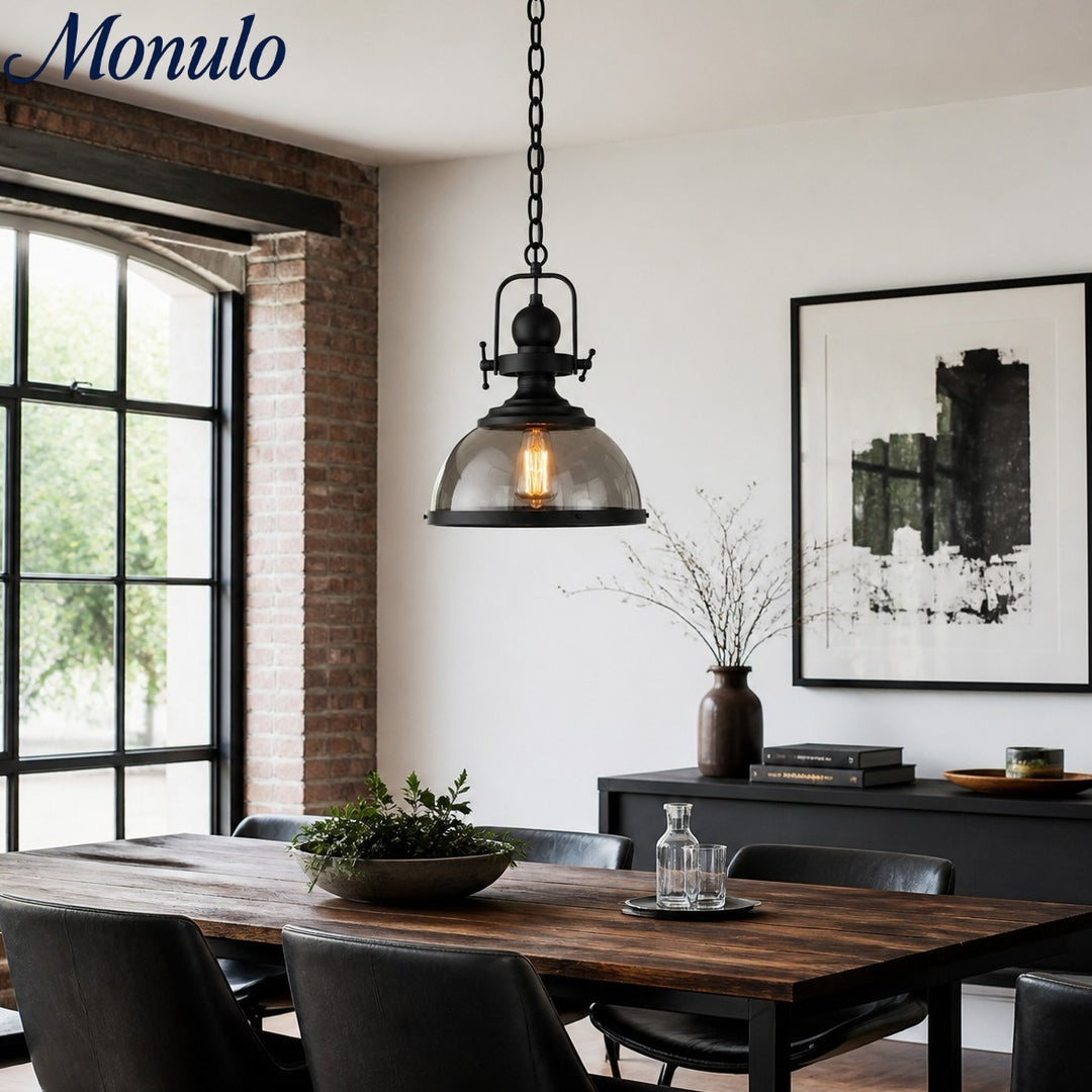 Ivoran Industrial Pendant Light - Smoky Glass Globe Metal Fixture for Kitchen Island and Dining Room