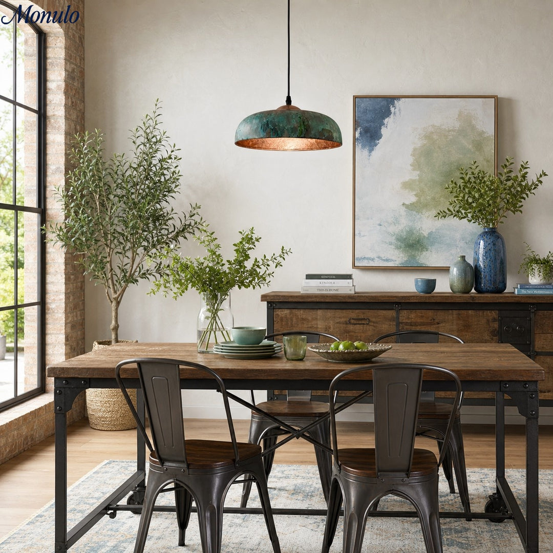 Ivoran Hammered Copper Dome Pendant Light - Green Patina Vintage Metal for Kitchen and Dining Room