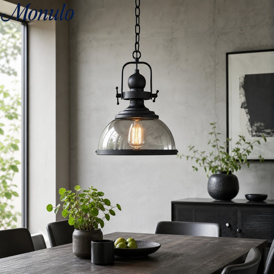 Ivoran Industrial Pendant Light - Smoky Glass Globe Metal Fixture for Kitchen Island and Dining Room