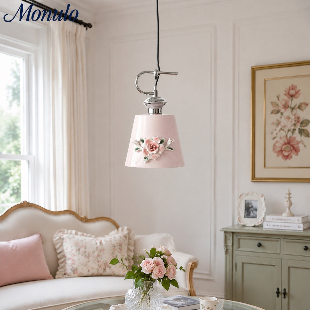 Eloria Blütenanhänger-Lampe – Keramische Vintage-Hängeleuchte mit Blumenmuster aus Messing für Innenräume
